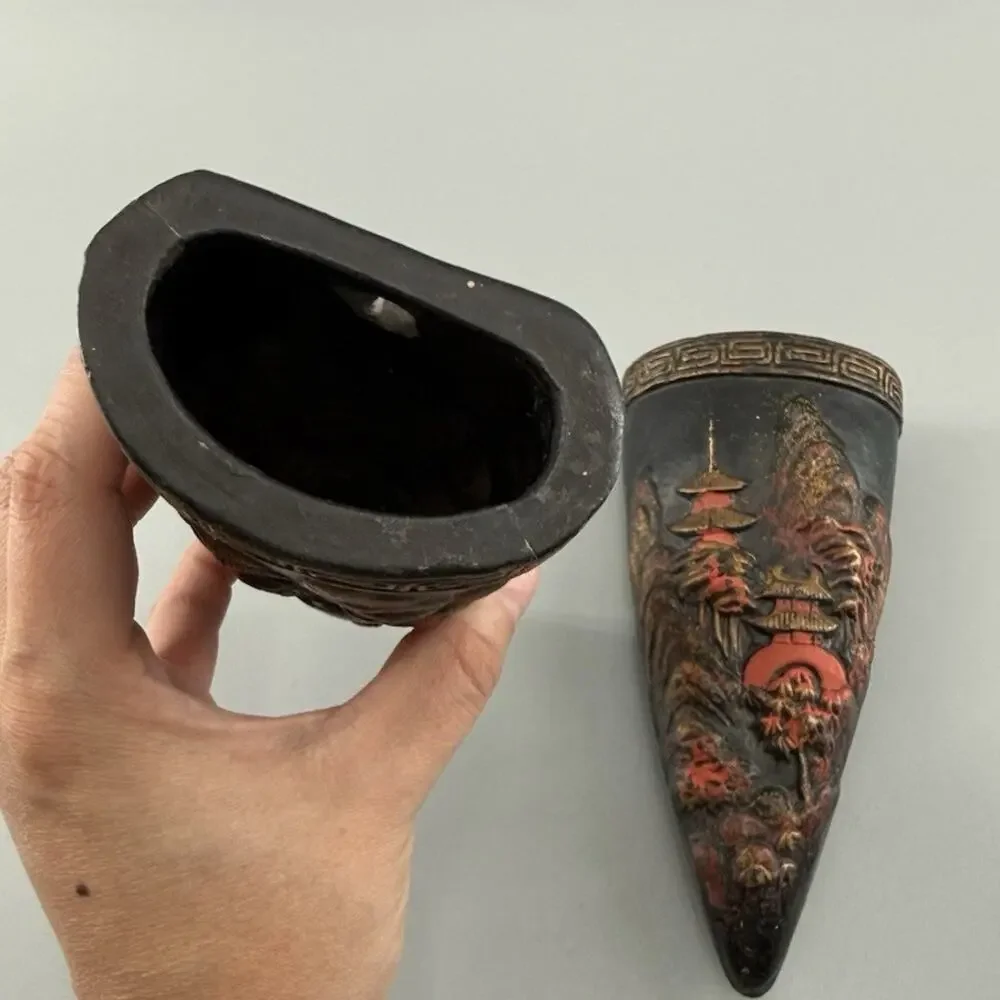 Vintage Pair Made in Japan Wall Pocket Planters Pagoda Asian Relief Decor Vase